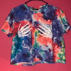 SHEIN tie-dye crop top with skeleton hands